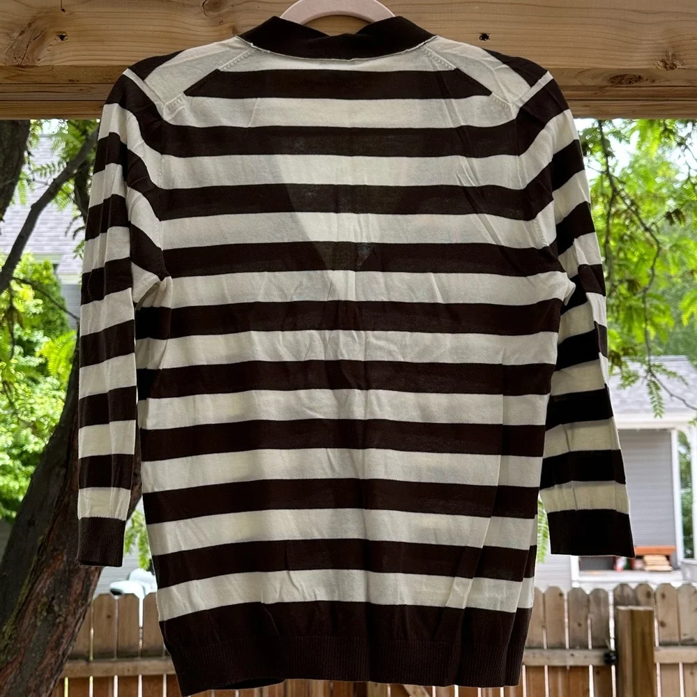 J. Crew Featherweight Chocolate Brown Ivory Cardigan Striped V Neck Cotton Large